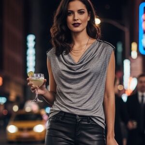 Ricki's M Marled Mobwife Dark Romantic Feminine Silky Jersey Knit Cowl Neck Top